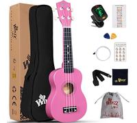 Winzz Ukelele Soprano Starter Kit para Principiante. Incluye: Funda, Afinador, Cuerdas Extra, Correa Ajustable, Púas, Pegatinas de notas, Guía de Acordes y Paño de Pulido. Color: Rosado