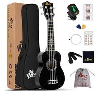 Winzz Ukelele Soprano Starter Kit para Principiante. Incluye: Funda, Afinador, Cuerdas Extra, Correa Ajustable, Púas, Pegatinas de notas, Guía de Acordes y Paño de pulido. Color: Negro
