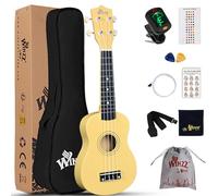 Winzz Ukelele Soprano Starter Kit para Principiante. Incluye: Funda, Afinador, Cuerdas Extra, Correa Ajustable, Púas, Pegatinas de notas, Guía de Acordes y Paño de Pulido. Color: Amarillo Bebé