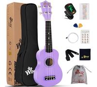 Winzz Ukelele Soprano Starter Kit para Principiante. Incluye: Funda, Afinador, Cuerdas Extra, Correa Ajustable, Púas, Pegatinas de notas, Guía de Acordes y Paño de pulido. Color: Morado