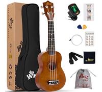 Winzz Ukelele Soprano Starter Kit para Principiante. Incluye: Funda, Afinador, Cuerdas Extra, Correa Ajustable, Púas, Pegatinas de Notas, Guía de Acordes y Paño de Pulido. Color: Canela Marrón