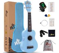 Winzz Ukelele Soprano Starter Kit para Principiante. Incluye: Funda, Afinador, Cuerdas Extra, Correa Ajustable, Púas, Pegatinas de notas, Guía de Acordes y Paño de pulido. Color: Azul