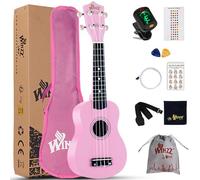 Winzz Ukelele Soprano Starter Kit para Principiante. Incluye: Funda, Afinador, Cuerdas Extra, Correa Ajustable, Púas, Pegatinas de notas, Guía de Acordes y Paño de pulido. Color: Rosa