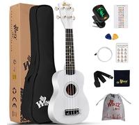 Winzz Ukelele Soprano Starter Kit para Principiante. Incluye: Funda, Afinador, Cuerdas Extra, Correa Ajustable, Púas, Pegatinas de notas, Guía de Acordes y Paño de pulido. Color: Blanco