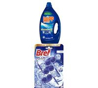 Wipp Express Limpieza Profunda, 55 lavados, detergente líquido quitamanchas+ Bref Blue Activ Cloro Cesta WC (3 unidades), limpia baño para un WC siempre limpio y fresco