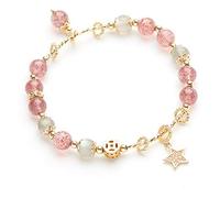WIPPWER Pulsera Feng Shui Cristal de fresa natural Piedra lunar Brazalete de oro de 14 quilates Buena suerte Flor de melocotón Amor rico Amuleto Pulsera for mujer Cinabrio