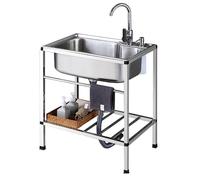 WIQUYBML Fregadero Auxiliar Independiente de Acero Inoxidable, Fregadero Comercial para restaurantes con Grifo de Agua fría y Caliente y Estante de Almacenamiento, Lavabo Grande de un Solo