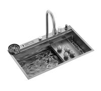 WIQUYBML Fregadero de Acero Inoxidable 304 de 33,8 Pulgadas Hecho a Mano con Cascada Oculta y Grifo extraíble: Cocina Moderna, diseño Elegante y Duradero, fácil instalación.