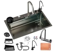 WIQUYBML Fregadero de Cocina con Grifo extraíble, lavavasos a presión y Accesorios para lavavajillas, de Acero Inoxidable, monoseno, Estilo Cascada (Color: Negro, Tamaño: 75x45x22cm)