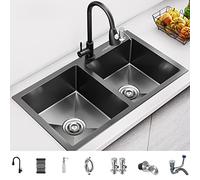 WIQUYBML Fregadero de Cocina de Dos cubetas, Elegante combinación de Fregadero y Organizador de Almacenamiento, Juego de colador de Drenaje para Barra Moderna de Acero Inoxidable empotrada.