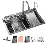 WIQUYBML Fregadero de Cocina Empotrado de Acero Inoxidable con escurridor, indicador de Temperatura, cubeta Individual con Revestimiento nanotecnológico y diseño de Doble Cascada para una m