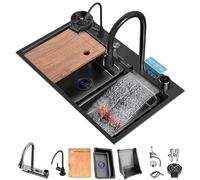 WIQUYBML Fregadero de Cocina Grande de Acero Inoxidable 304, de un Solo Seno, en Cascada, con Grifo extraíble, Filtro de Drenaje y Accesorios, Color Negro y Gris, tamaño: 80 x 45 x 22 cm -