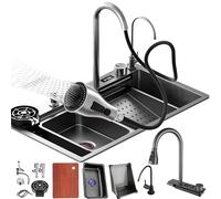 WIQUYBML Fregadero de Cocina Tipo Cascada, cubeta Individual, 75 x 50 cm, Acero Inoxidable con Botones Tipo Piano, Grifo y Pantalla de Temperatura, Incluye escurridor de Vasos, dispensador