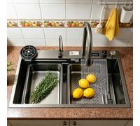 WIQUYBML Fregadero de Cocina Tipo Cascada, cubeta Individual, 80 x 50 cm, Acero Inoxidable con Botones Tipo Piano, Grifo y Pantalla de Temperatura, Incluye escurridor de Vasos, dispensador