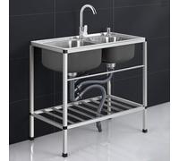 WIQUYBML Fregadero Doble de Acero Inoxidable Independiente para Uso Comercial en cocinas, con grifos de Agua fría y Caliente y lavamanos para Interiores y Exteriores (78x43x75cm).