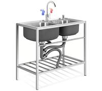 WIQUYBML Fregadero Doble móvil para hostelería con Grifo, de Acero Inoxidable, Ideal para cocinas comerciales, Bares, garajes, lavaderos y Jardines Exteriores. Medidas: 82 cm x 45 cm x 85 c