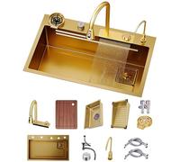 WIQUYBML Fregadero Golden Waterfall con Grifo extraíble Tres en uno, Accesorios de Acero Inoxidable, estación de Trabajo Multifuncional de un Solo Seno, Juego Completo de Accesorios (Color: