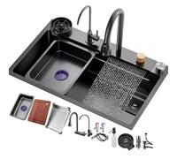 WIQUYBML Fregadero Grande de Acero Inoxidable Negro con Cascada, con cubeta Individual, Grifo, lavavasos y dispensador de jabón - Moderna Cocina renovada (80 x 45 x 22 cm)