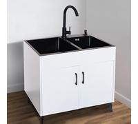 WIQUYBML Fregadero Independiente con Mueble para Uso Comercial, Interior/Exterior, Garaje, lavadero, Grifo de Agua fría y Caliente, Ideal para restaurantes y Espacios (Blanco)