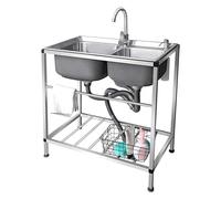 WIQUYBML Fregadero utilitario Independiente para Uso Comercial, Restaurante, 2 Compartimentos, Acero Inoxidable, Industrial, con Grifo de Agua fría y Caliente para Taller, Interior y exteri