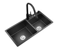 WIQUYBML Fregaderos de Cocina Negros Nano de Doble Tanque, Hechos a Mano, de Acero Inoxidable 304 de Gran Capacidad (Color: Negro, tamaño: 80 x 45 cm)