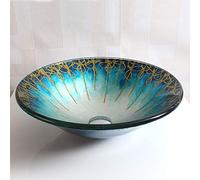 WIQUYBML Lavabo de encimera, Lavabo de Vidrio con diseño Azul y Dorado, Lavabo de baño Templado, Lavabo de Vidrio Templado montado, A
