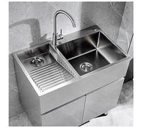 WIQUYBML Lavabos Grandes de Acero Inoxidable 304 para baño, Fregadero de lavandería de un Solo Seno para Cocina con Tabla de Lavar, Grifo Curvo Grande y componente de Drenaje (Color: Plata,