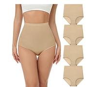wirarpa Bragas Mujer Algodón Elásticas Culotte Súper Cintura Alta Braguitas Cómodas Cobertura Completa Pack de 4 Beige Talla L