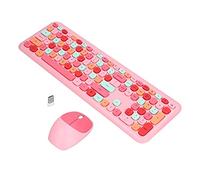 Wire less Keyboard and Mouse Combo, 2.4G Retro Typewriter Wire less Keyboard with Number Pad Colorful Round Key for Computer, Laptop, PC, Chromebook, Smart TV (Pink mixed color keyboard and mouse set)