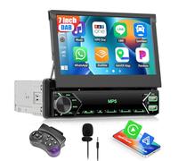 【Wireless】 CAMECHO Radio Coche Bluetooth 1 DIN con Wireless Carplay, Android Auto, Mirrorlink et Dab+, 7'' Retráctil Manual Pantalla Táctil Reproductor Multimedia con FM/USB/Type-C