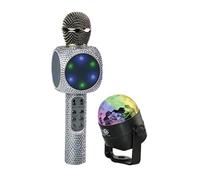Wireless Express - Micrófono de karaoke Bluetooth y altavoz estéreo Bluetooth todo en uno (plateado brillante con bola de discoteca)