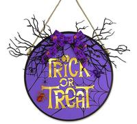 Wironlst Decoración de puerta de Halloween, letrero de truco o trato, corona de Halloween, telaraña, murciélago, ramas de árbol muerto, arco, letrero de bienvenida para puerta delantera, hogar, pared,