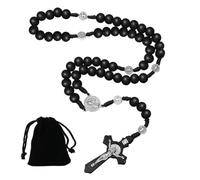 WIRZUL Collar de rosario con cruz católica de madera natural con cuentas de oración y cruz, medalla de Jesucristo y San Benito para cristianos católicos, comunión, bautismo, misa, Biblia (negro)