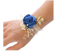 Wisafory Corsetto da polso con fiori e foglie di corpetto da sposa, damigella d'onore, fiore di seta con perla, bracciale fiore da polso, accessorio per matrimonio, banchetto, ballo, blu, 1 pezzo