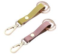 wisdompro 2 piezas Llavero Coche con 2 Anillas Llaveros, Mosqueton Llavero Cuero para Hombres y Mujeres (Rosa, Amarillo Verde)