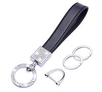 wisdompro Llavero de coche de cristal para mujer, llavero de cuero auténtico, accesorios con diamantes de imitación brillantes y 2 llaveros para llave de coche, color negro