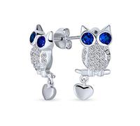 Wise Graduate Lucky Sitting Branch Búho Pendientesboton Para Mujer Big Blue Eye Cubic Zirconia Cz Corazón Charm .925 Sterling Silver