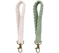 Wisebom 2 Piezas Llavero Pulsera de Macramé, Llavero Trenzado Bohemio para Mujer, Hecho a Mano Pulsera Llavero Cordón de Muñeca, Bolso Pulsera de Llavero Accesorios (Blanco+Verde)