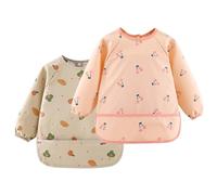 Wisebom Babero de Destete de Manga Larga, 2Pcs Baberos Bebé Impermeables Lavable a Máquina y Material Suave de PU Babero de Manga Larga para 6-36 Meses (Caqui, Rosa)