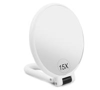 Wisebom Espejo de Maquillaje Doble Cara Espejo de Aumento 15x/1x, Espejo de Mano con Soporte Ajustable 360°, Espejo Pequeño Plegable para Maquillarse Afeitarse Viaje (Blanco)