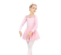 Wisebom Niñas Ropa de Ballet de Dos Piezas Vestido Bailarina Niña Mallot de Danza Manga Larga Ballet de Algodón Leotardo con Falda Tutú de Encaje (FR/ES, Números, 150, Regular, Rosa)
