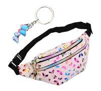 Wisebom Riñonera Mujer Moda, Riñoneras Brillante con Llavero de Mariposa para Niños, Impermeable Paquete de Cintura de Cuero PU, Multifuncional para Viaje Correr Ciclismo (Rosa)