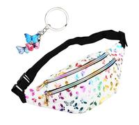 Wisebom Riñonera Mujer Moda, Riñoneras Brillante con Llavero de Mariposa para Niños, Impermeable Paquete de Cintura de Cuero PU, Multifuncional para Viaje Correr Ciclismo (Blanco)