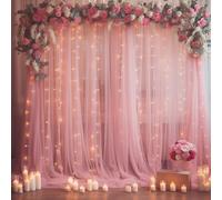 Wish Care- Cortina de Tul Rosa empolvado de 10 x 10 pies con Cadena de Luces para Fiestas, Cortinas Transparentes para decoración del hogar, Bodas y Fiestas