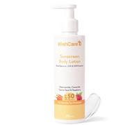 WishCare Loción corporal de protección solar con SPF 50 PA+++, protección de amplio espectro UVA y UVB, sin yeso blanco, enriquecida con semillas de zanahoria y frambuesa, loción de protección solar