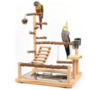 WishesMar Parque de Juegos para Pájaros Gimnasio para Aves Stand Área de Juego con Soporte Perchas Taza de Alimentación Columpio Escalera Bandeja para Agapornis, Loros, Madera, Tamaño 45x37x26 CM #A