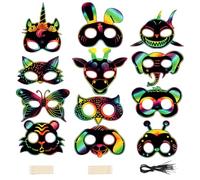 Wishstar 48 Máscaras de Arte para rascar para niños,Máscaras de Scratch Art de Animales con 48 Cordones elásticos y 12 lápices de Madera,para Actividades de Fiesta,cumpleaños Infantiles