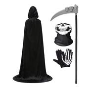 Wishstar Capa con Capucha de Terciopelo para Halloween, Disfraz de Vampiro con Máscara de Esqueleto, Guantes y Guadaña, Unisex para Carnaval y Mascarada (Negro, L)