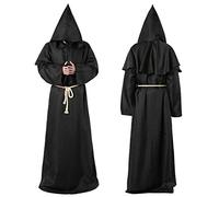 Wishstar Disfraz de Monje, XL Medieval Fraile Túnica, Negro Halloween Prister Disfraz, Encapuchado Renacimiento Túnica con Cruz, Traje de Sacerdote para Halloween Carnaval Fiesta temática
