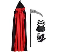 Wishstar Halloween Capa con Capucha,Disfraz Halloween de Terciopelo,Halloween Capa Vampiro con Máscara de Esqueleto Guantes Guadaña,Capa Unisex para Carnaval de Halloween Mascarada(Negro Rojo, L)